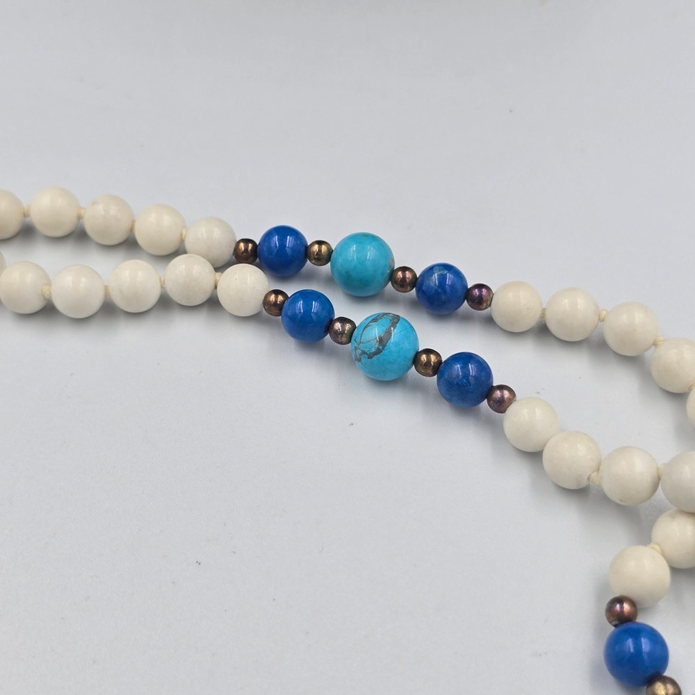 Vintage Beaded Necklace Turquoise Lapis Lazuli Natural White Hetian Nephrite - Picture 11 of 12